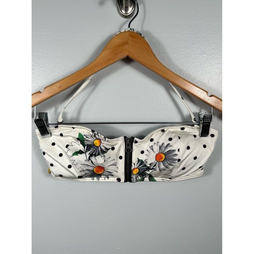 Volcom Black & White Floral Polka Dot Zip-Front Bandeau Bikini Top Size Medium
